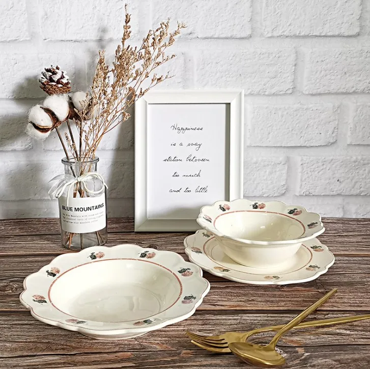 

Ins French Household Kitchen Vintage Flower Plate Afternoon Refreshment Cake Ceramic Dish Fruit Salad Dish Swing Props