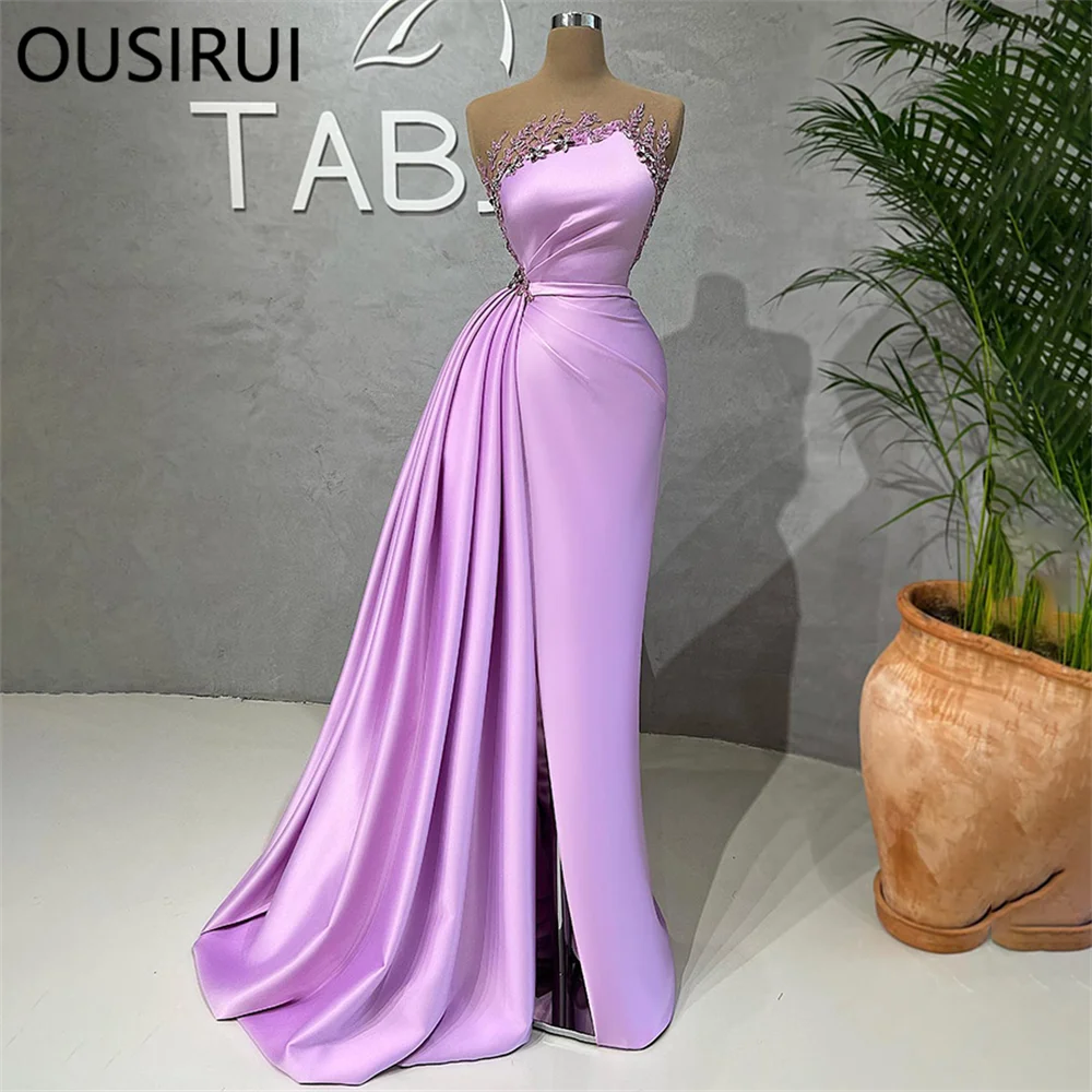 OUSIRUI Luxury Strapless Satin Pleated Beaded Crystal Prom Dresses with Side Slit Sweep Court Formal Prom Party Gown vestidos de