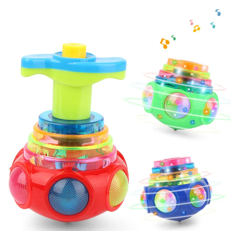 UFO Flashing spinning top toy Kids Gyro Light Up Piggy LED Music Gyroscope Launcher Rotating Toys Fun Birthday Party Favors