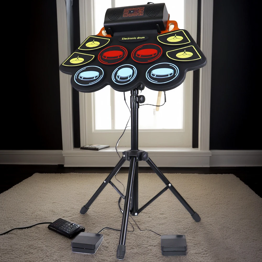 Electric Drum Set Roll-Up Drum Practice Pad Stand Sticks and Pedals Portable Kit Kids Adults Birthday Gift