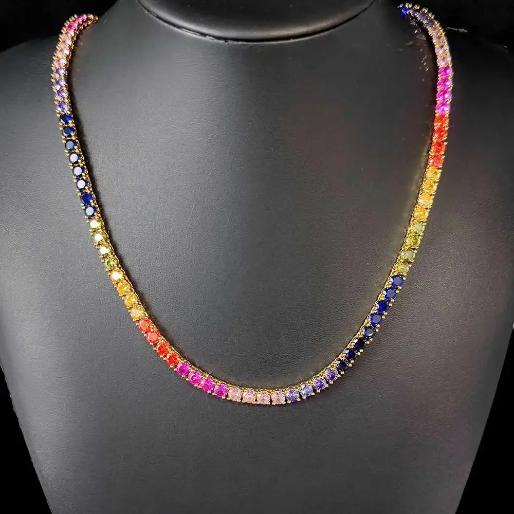 Custom Tennis Necklace 5mm Round Color Gemstone Rainbow Iced Out Zircon Icy Chain Gift for Men Women