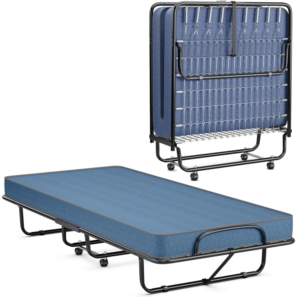 

Twin Folding Bed with 5” Mattress Twin Size, with Memory Foam Mattress, Portable Fold Up Guest Bed with Steel Frame on Wheels