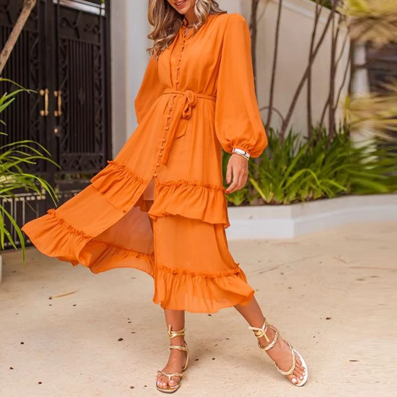 

Women's Elegant Lace Up Ruffle Long Dresses Casual Summer Party Dress Sexy V-neck Button Lantern Sleeve Commuter Dress Vestidos