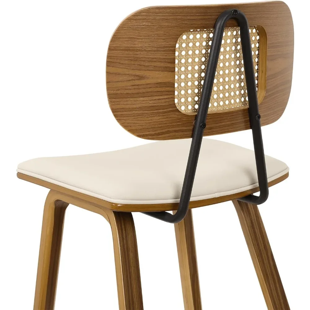Counter Height Bar Stools Set of 3, 26" Wood Kitchen Stool PU Leather Upholstered Barstool with Rattan Back Cream White