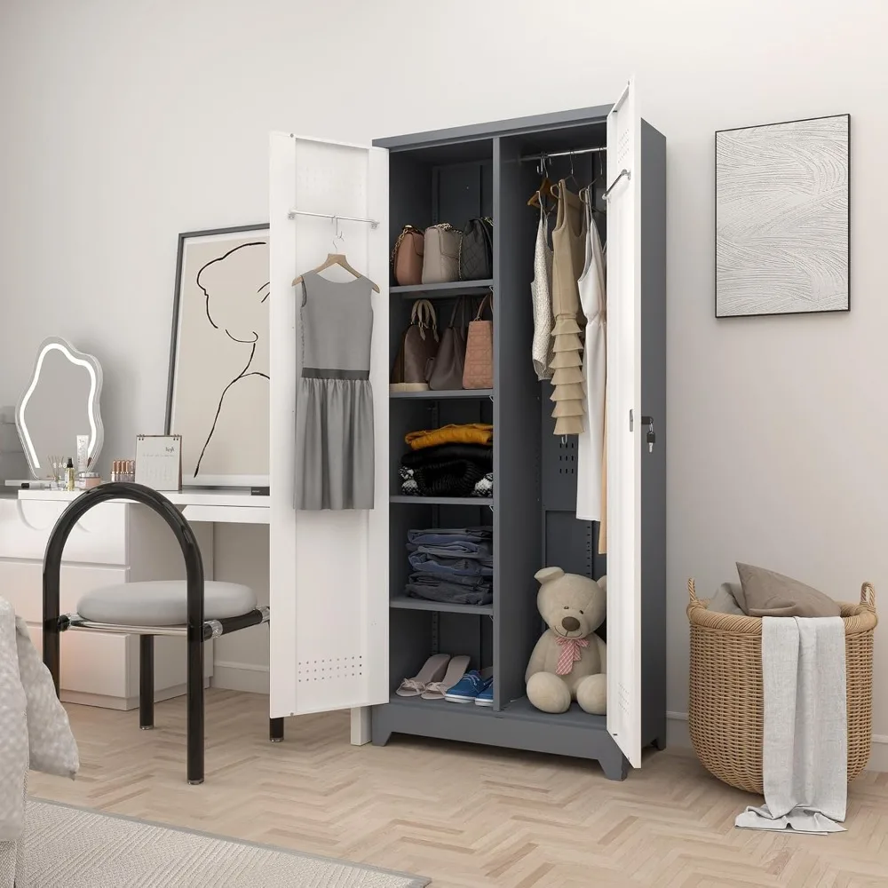 72.8" H Metal Tool Storage Cabinet, Broom Closet Storage Cabinet with Hooks, Garage Storage Cabinet with Shelves，	Grey-white 2