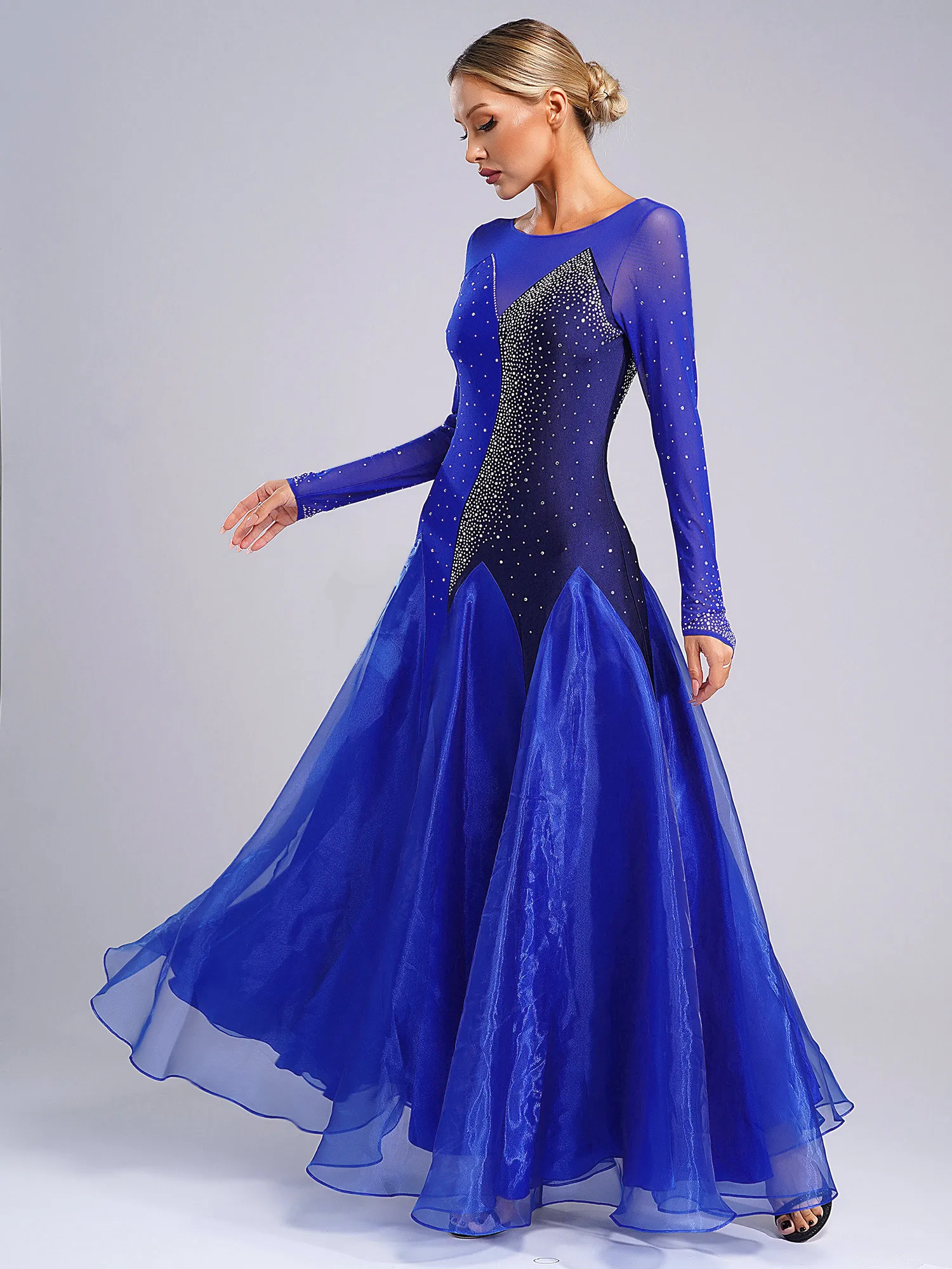 Women Dance Skirt Women Glittery Rhinestones Decor Ballroom Waltz Tango Dancewear Ladies Evening Party Long Dresses Ball Gown Performance Costume