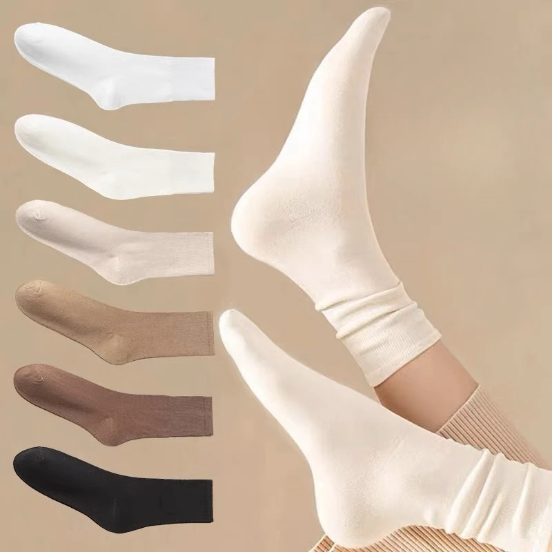 Womens Socks 5 Pairs Mid Tube Stacked Solid Color Flat Bottom Casual Spring And Autumn