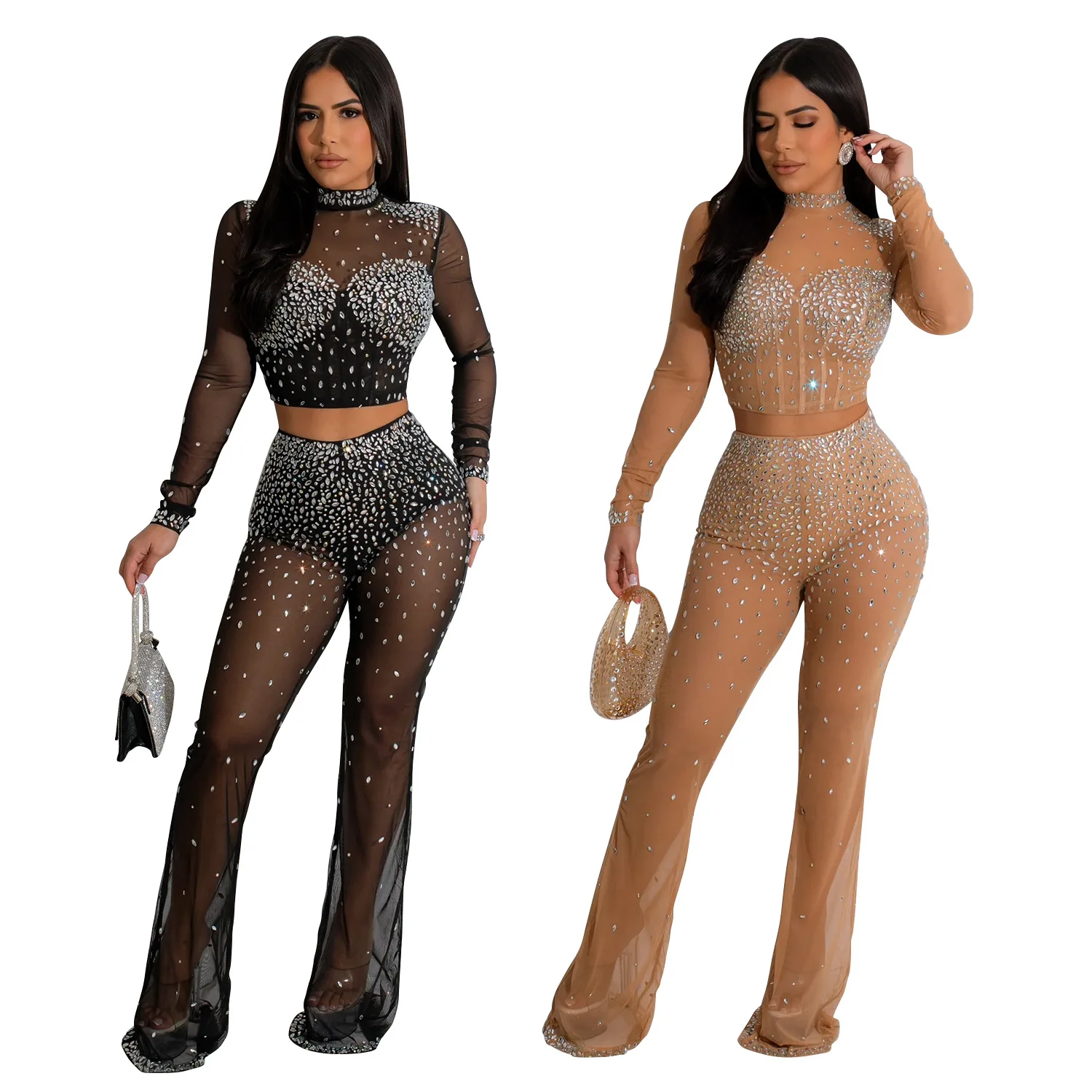 EINYOO Y2k Rhinestone Mesh See Through Long Sleeve Dresses Set for Women Birthday Sexy Night Club Party 2 Piece Sets Outfit Traf bkd new rhinestone sexy mesh see through bodysuits with socks women clothes hollow out backless long sleeve one pieces outfits