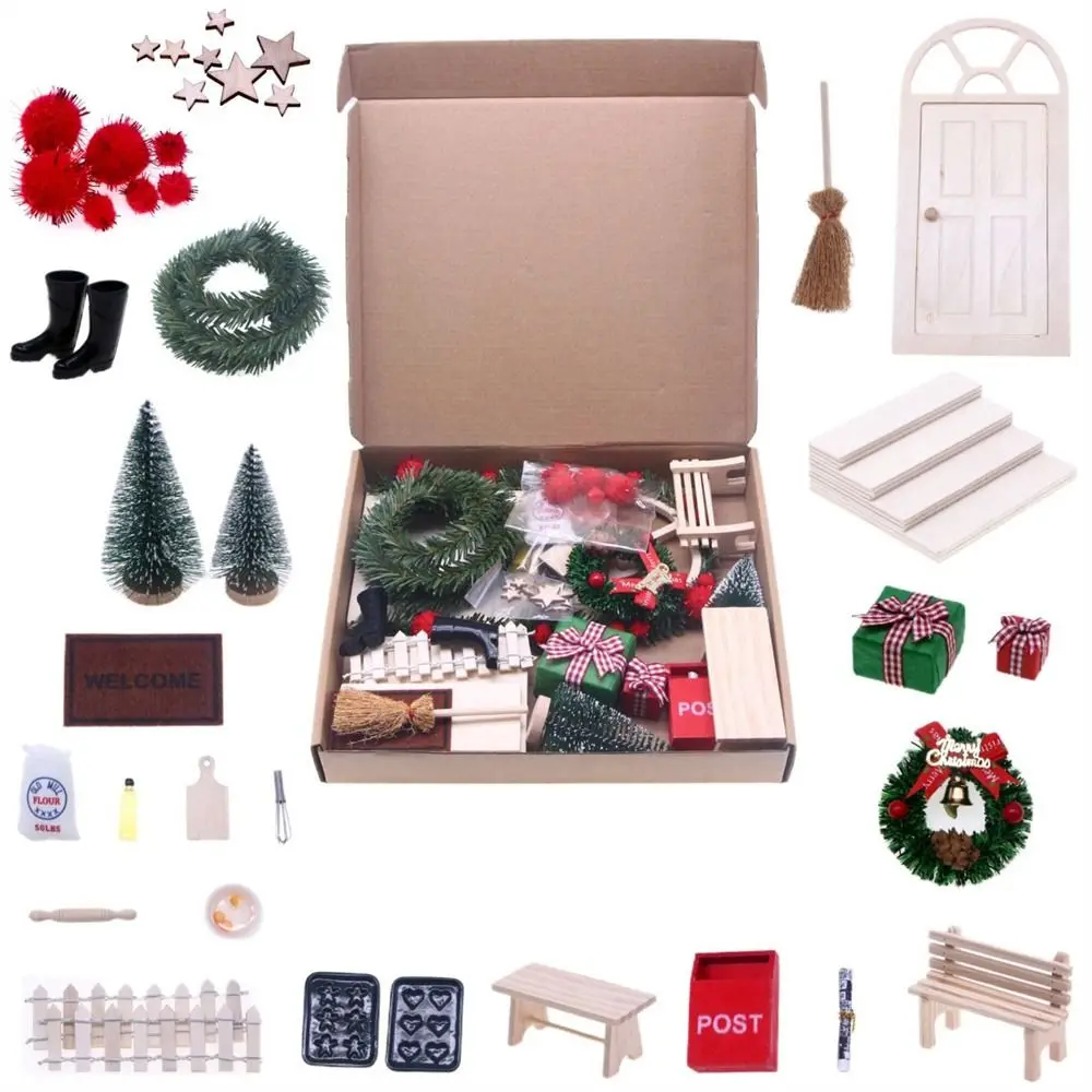 String Hat DollHouse Elf Kit Mini Tree Wreath Fairy Toy House Simulation Miniature Scene Miniature Elf Door DIY Decoration