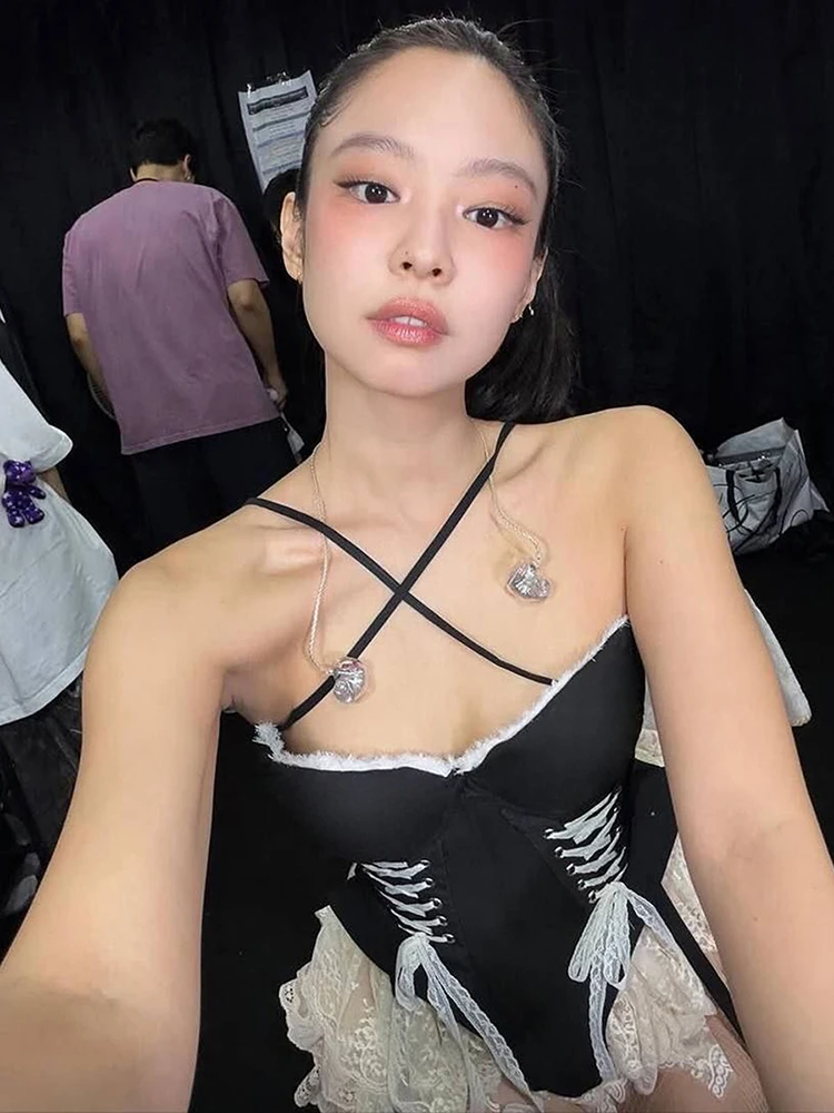 Nibber Fashion Halter Camisole Women Shirring Lace Patchwork Irregular Ruffle Hem Street Wild Music Festival Hottie Clubwear