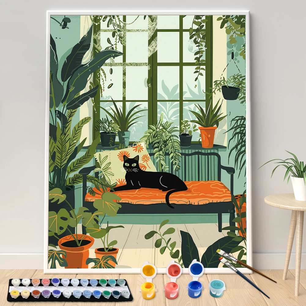 Hand Painting Animal Cat In Bedroom Living Room Landscape Painting By Numbers Kit DIY Artwork Canva Art GiftHome Decoration Gift 2