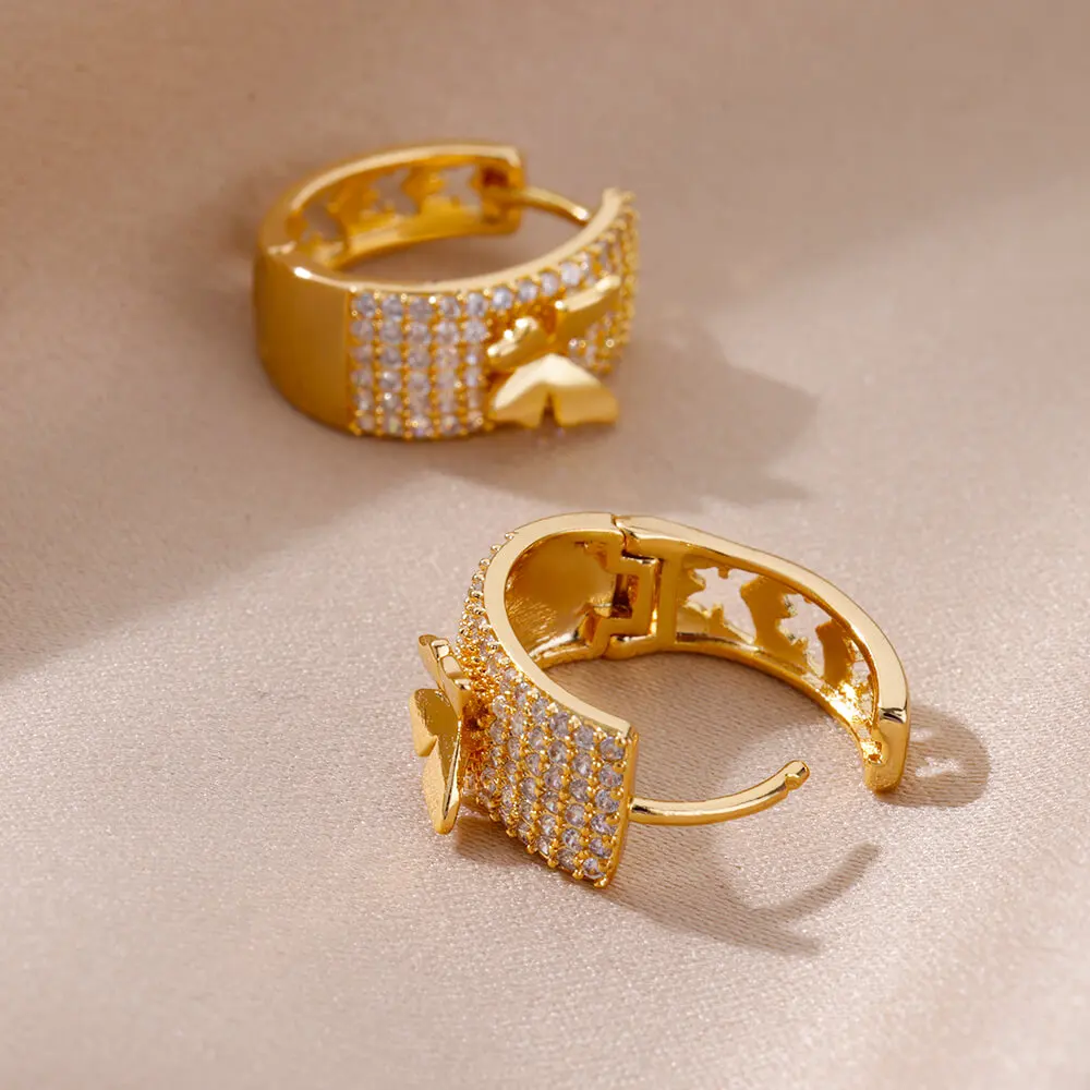 Cubic Zirconia Butterfly Earrings For Women Stainless Steel Gold Color