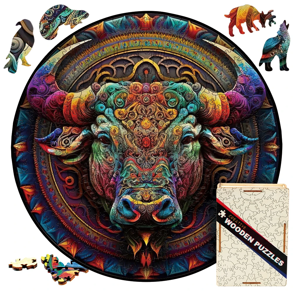 Wooden Puzzle Mandala Ox Toys For Animal Bull Jigsaw Puzzles Color Sorting Game 3D Wood Puzzle Best Gift For Adults And Kids