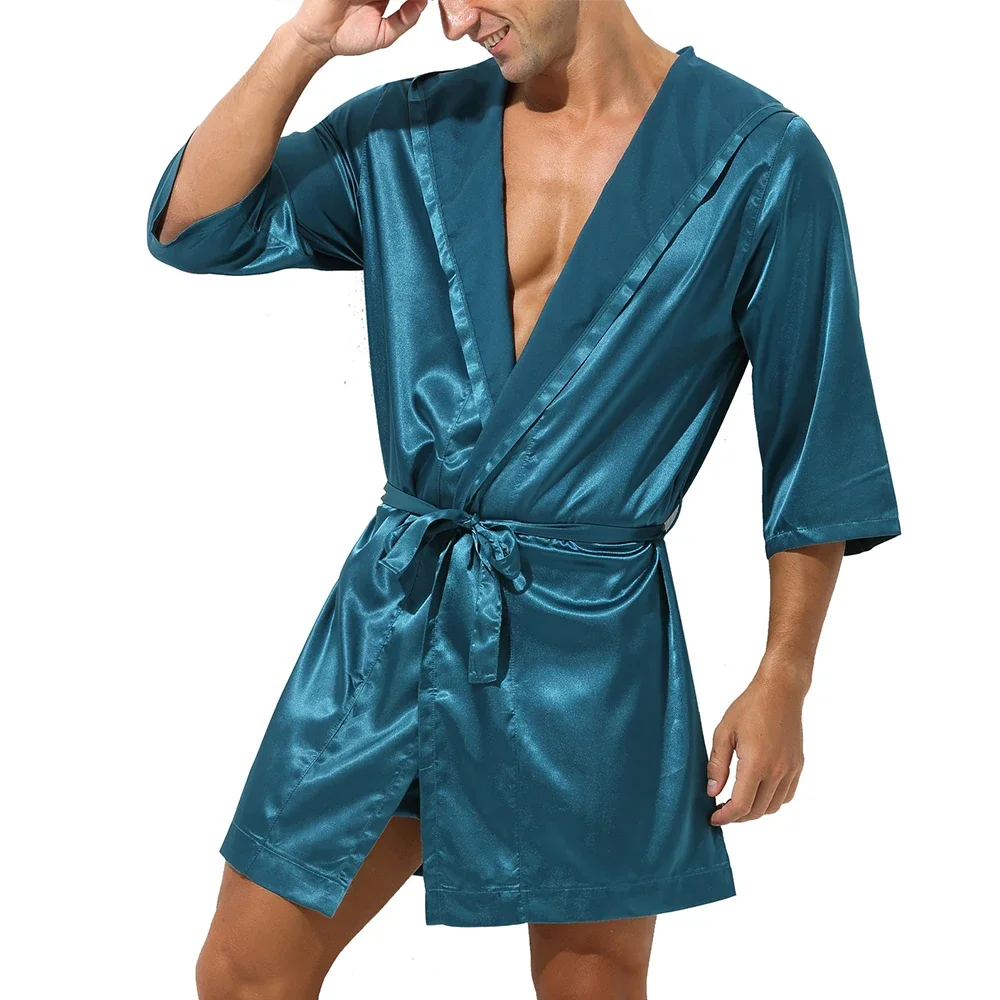 Men Hooded Silk Bathrobe Shorts Sleepwear Pajamas Nightwear Dress Gown Silk Satin Kimono Nightgown Bathrobe Shorts Night Clothes