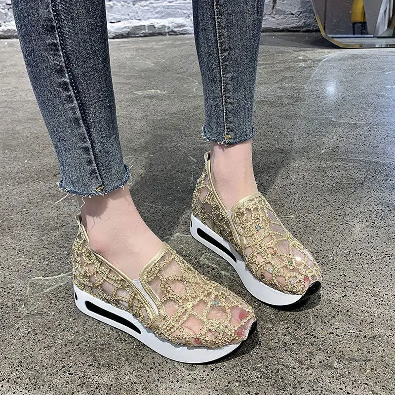 Female Wedge Casual Sneakers Women Gold Silver Platform Shoes