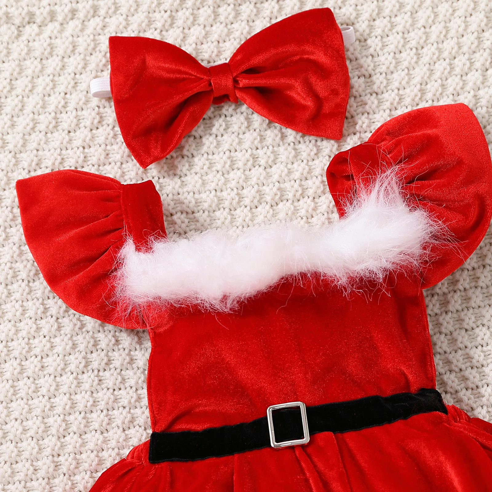 Kid Baby Girl Christmas Clothes Set Faux Fur Patchwork Long Sleeve Off Shoulder A-Line Dress with Belt + Bow Headband girls dress princess costume kids clothes