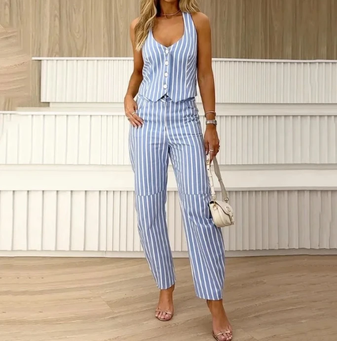 Leisure Home Women's Clothing 2024 Summer Casual Style Striped Printed V-Neck Sleeveless Suit Pants Temperament Commuting