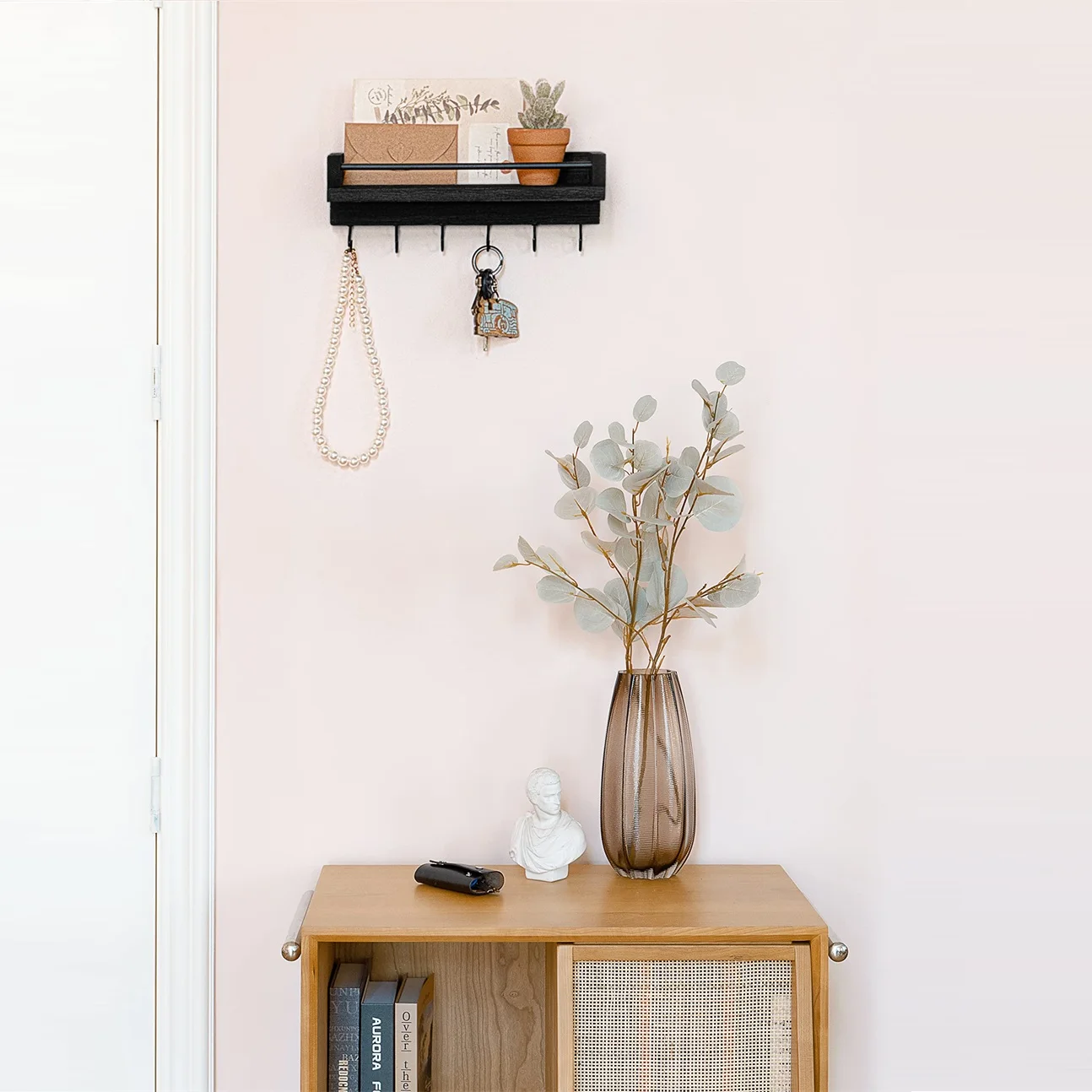 Rustic Wood Floating Shelf Wall Mounted for Entryway Decor Key Holder Rack with 8 Key Hooks For Hanging Keys Coats Dog Leashes 6