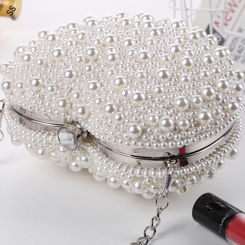 Heart Design Full Pearl Handmade Fashion Clutch Single Chain Crossbody Bag Handbag Woman