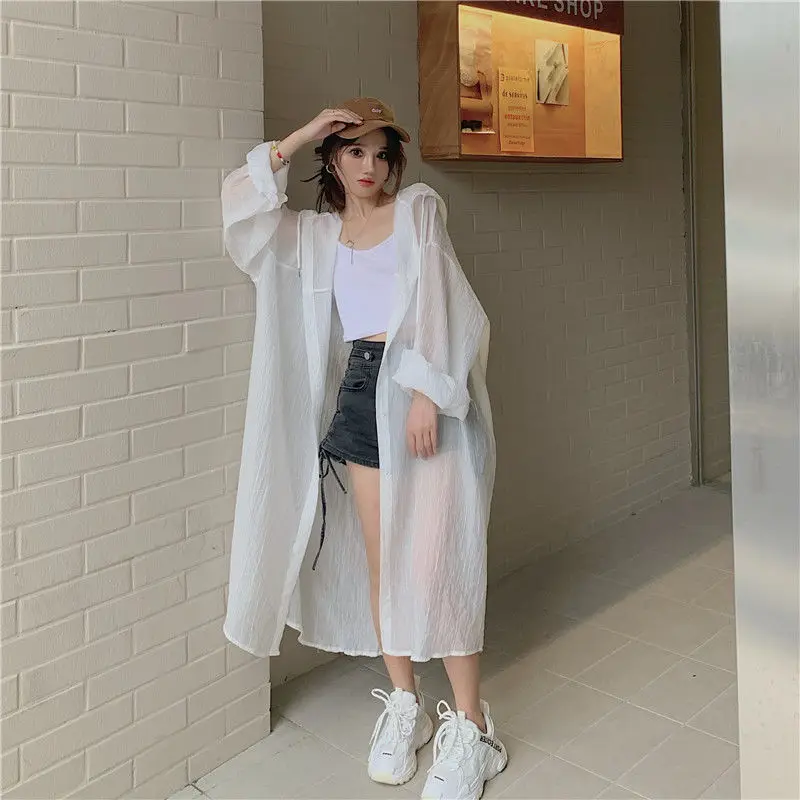 

Summer New Thin Mid Length Hooded Long Sleeve Shirt Tops Solid Color Loose All-match Cardigan Trend Casual Women Clothing