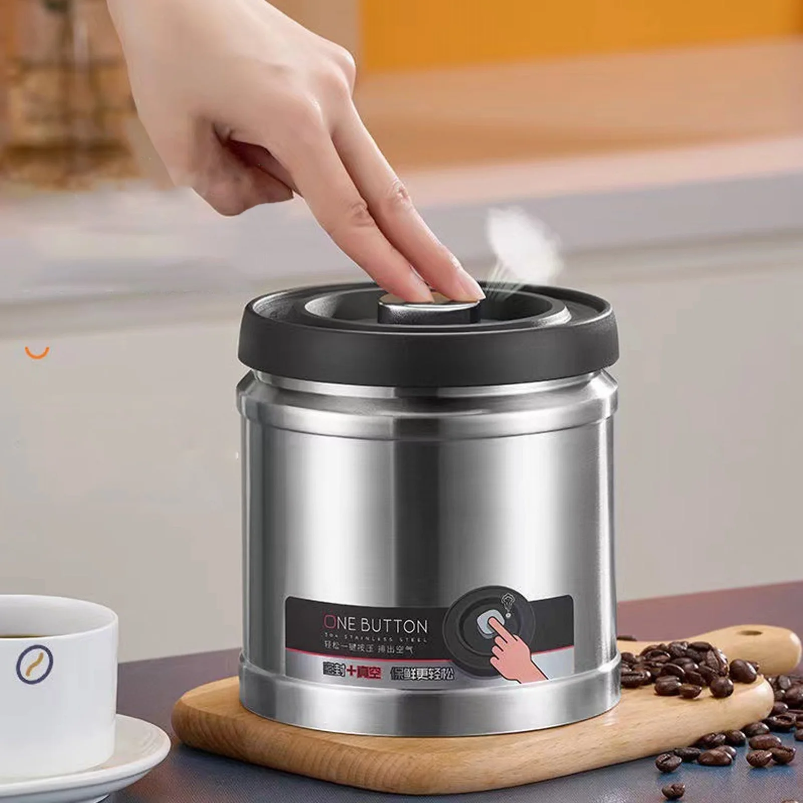 Food Storage Container 304 Stainless Steel Press Type Large Capacity Simple Vacuum Sealed Coffee Container for Home