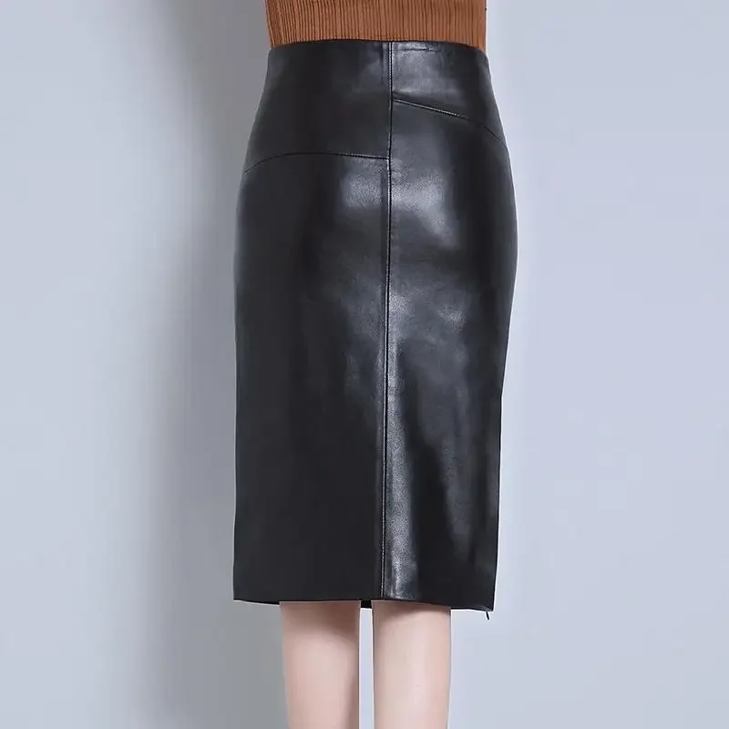 Women 2023 Autumn Winter Sheepskin Skirt Genuine Leather Midi Skirt Female High Waist Split Package Hip Skirt  4XL H167
