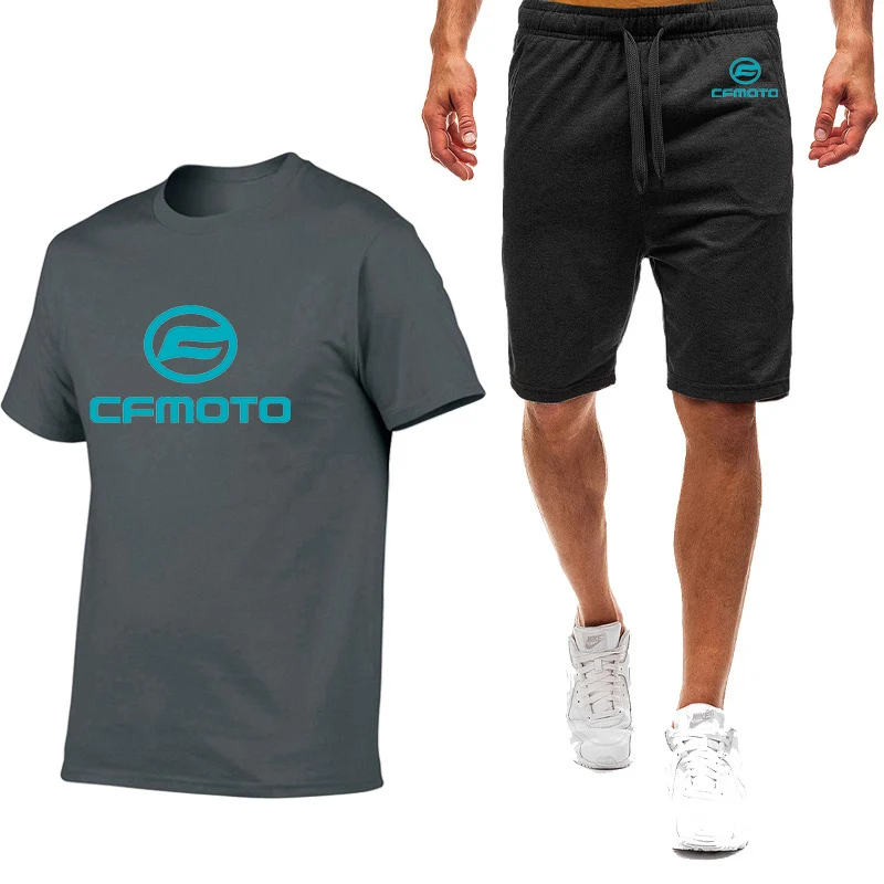 2023 New Summer Cfmoto Logo Print Men's Popular Solid Color Short Sleeved Tops+Casual Comfortable Cotton Sweatpants Classic Sets