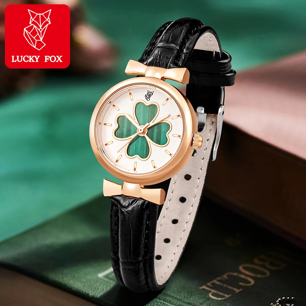 LUCKYFOX Simple and Fashionable Women's Watch Vintage Round dial Clover hollowed out black strap Quartz Watch Gift Relojes 1