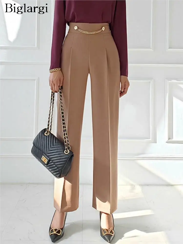 

Autumn Wide Leg Pant Women Chain Fashion Office High Waist Ladies Trousers Loose Korean Pleated Woman Pants 2023