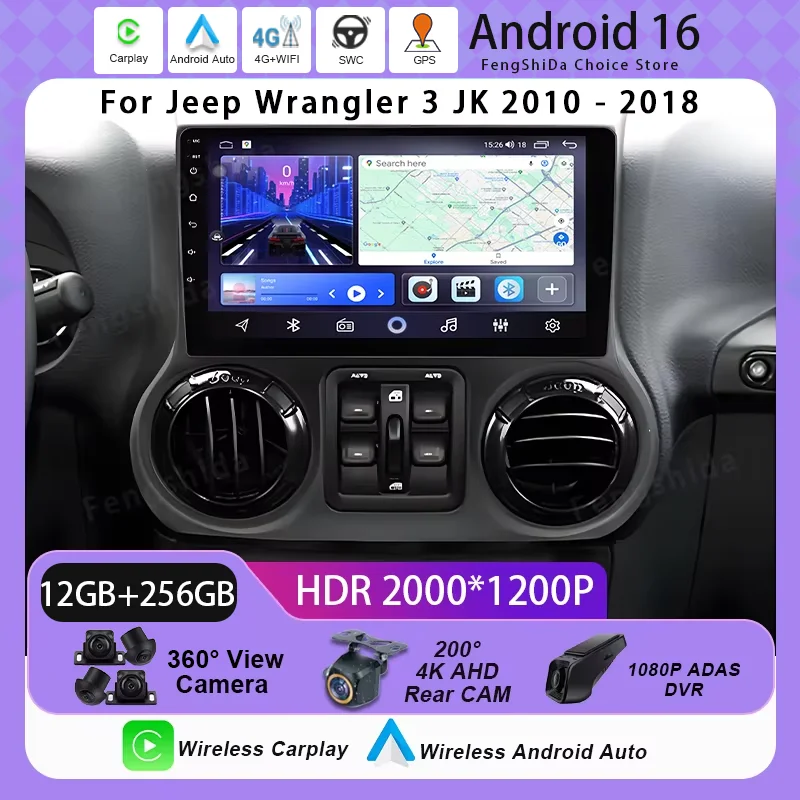 Car Android For Jeep Wrangler 3 JK 2010 - 2018 Player Auto Radio Multimedia GPS 360 Camera HDR CPU QLED Wifi 5G BT Navigation
