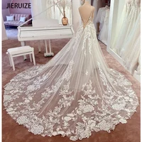 JIERUIZE Luxury Lace Appliques Backless Wedding Dresses Deep V-neck Spaghetti Straps Bridal Gowns Sexy Low Back Court Train 1