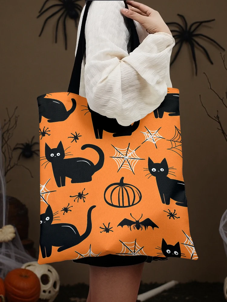 Halloween Black Cat Pattern Printed Casual Handbag, Reusable Fashion Shopping Bag