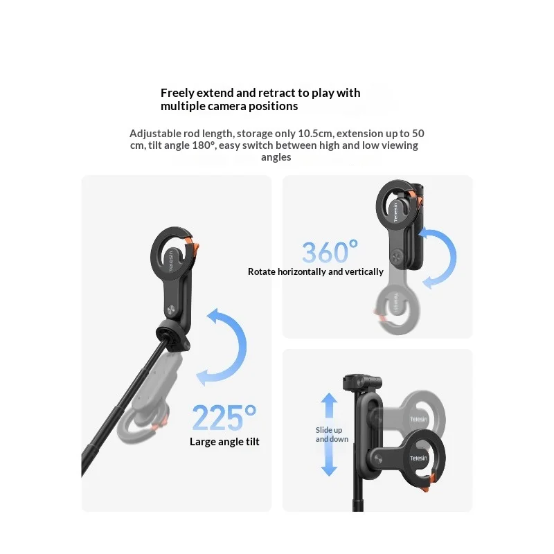 텔레신 미니 셀카봉 ? 14N 마그넷, 50cm 길이, 135g 경량, 인스타360 루나 울트라/DJI 포켓 4a용