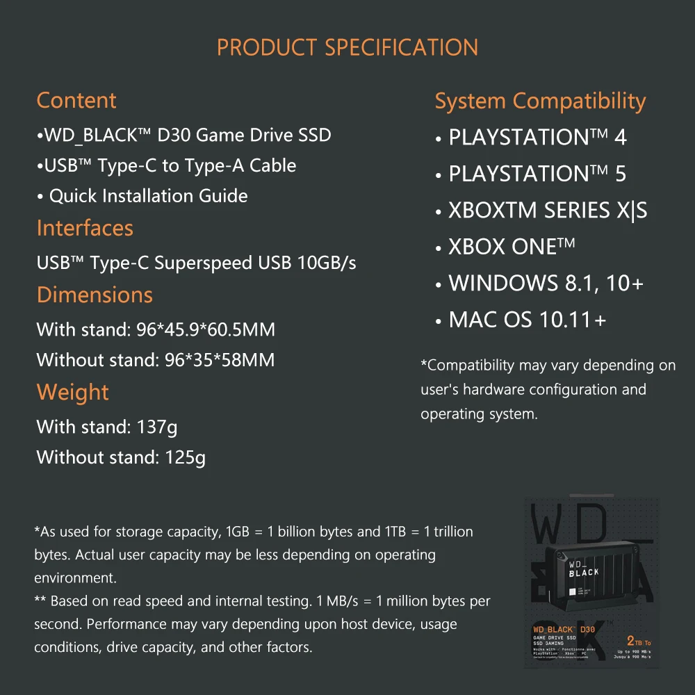 웨스턴 디지털 WD_BLACK D30 게임 드라이브 SSD 500GB/1TB/2TB 휴대용 외장 SSD (Xbox 및 PC용) - 최대 900MB/s
