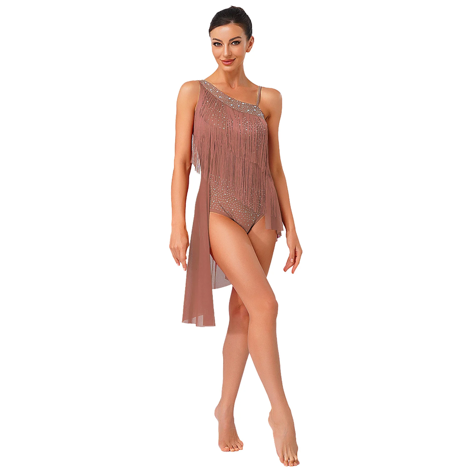 Damen Latin Tango Quaste Tanz Performance Kostüm Glitzer Strass Gymnastik Eiskunstlauf Ballett Trikot Kleid Tanzbekleidung – Detail 9
