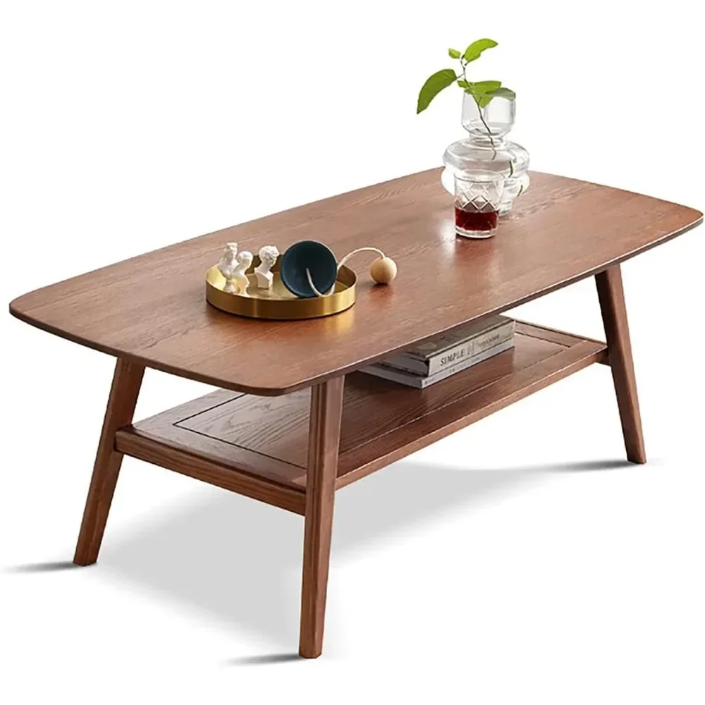 Tier Solid Oak - Coffee Table 2- Practical Center Table Double Storage Small Apartments (Walnut, 31.49" D x 19.68" W x 17.32" H) 2