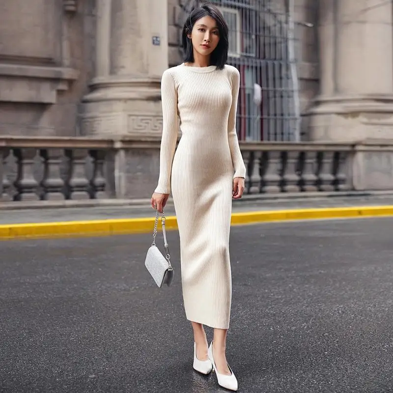 

Female O-Neck Sexy Wrap Hip Dresses 2023 Autumn Winter Slim X-Long Knitted Dresses Casual Fashion Bottom Long Dresses