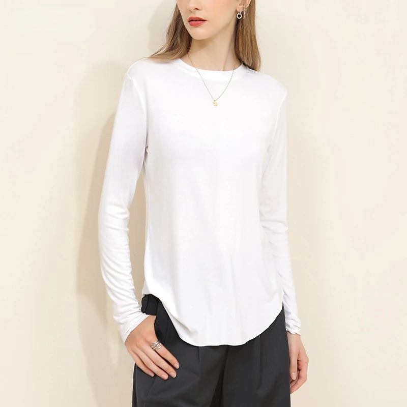 

Women's Long-Sleeved T-shirt Loose White round Neck New Spring and Autumn Clothing Outer Wear Inner Wear Bottoming Shirt Women's