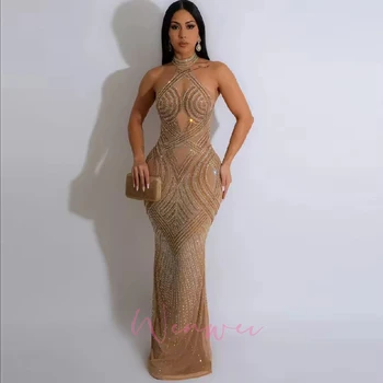 Diamonds Party Dress Celebrities Outfits Women's Rhinestones Décor Long Maxi Dress Glam Backless Hallucination Mesh