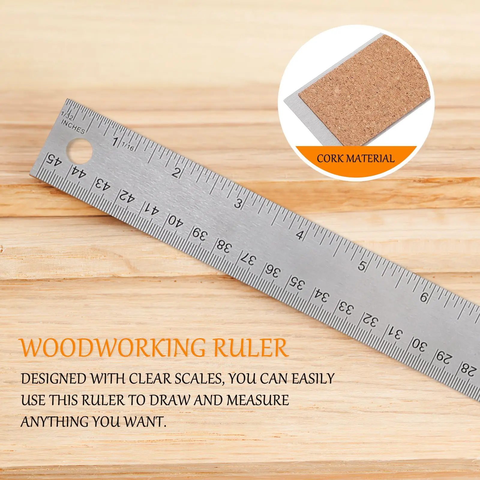 Stainless Steel Cork Back Ruler School Office Engineering Woodworking Measuring Device Tool Student