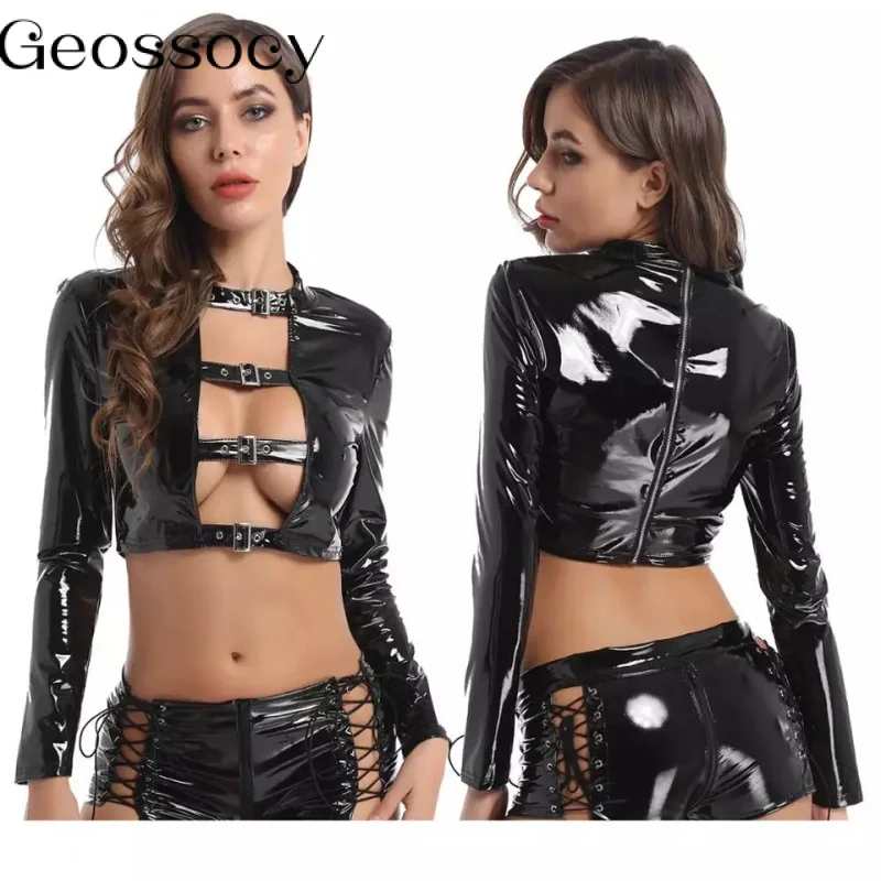 

Women Sexy Wetlook Glossy Leather Latex Lingerie Set Shiny Boxer Erotic Below Opening Crotch Leather Top Porn Breast Exposed