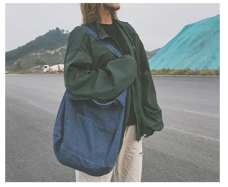 Big Soft Denim Slouch Shopping Bag Jean Fabric Female Handbag Leisure Korean Fashion Woman Shoulder Messenger Top-handle Bag New