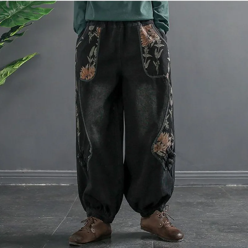 2023 Spring and Autumn Vintage Literature and Art Ethnic Style Patchwork Printed High Waist Pocket Loose Versatile Radish Jeans