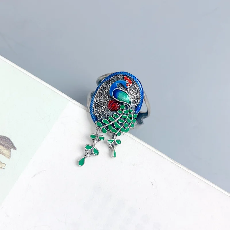 100% 925 Sterling Silver Peacock Shape Ring for Women Retro Ethnic Enamel Colorful Bird Tassel Adjustable Rings Jewelry JZ106