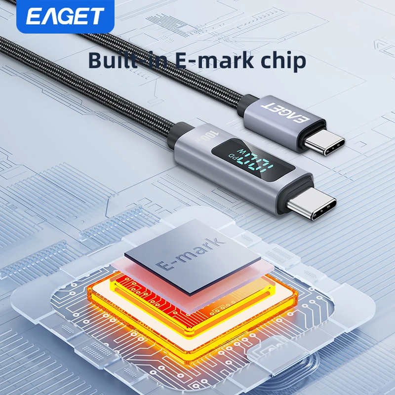EAGET 100W USB C 고속 충전 케이블 USB-C to USB-C PD3.0 디스플레이 화면 E-Marker 칩 내장 나일론 소재 노트북 태블릿 휴대폰용