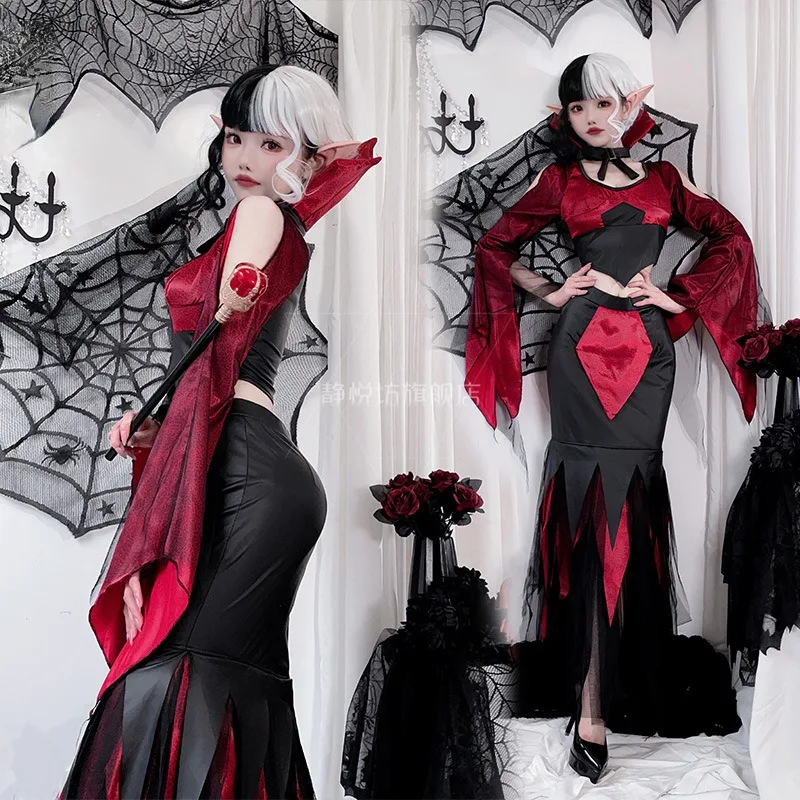 

New Halloween Costume for Women Sexy Vampire Cosplay Witch Attire Ghost Bride Queen Dress Half Length Skirt Disfraz Anime 3piece