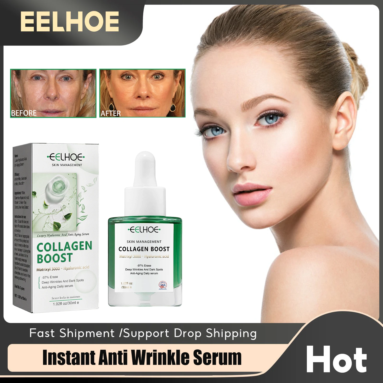 Instant Anti Wrinkle Serum Fade Fine Line Moisturizing Tighten Brighten Whiten Nourish Skin Hyaluronic Acid Facial Care Essence бокс с восстанавливающей сывороткой и аксессуарами pro box liding nourish serum