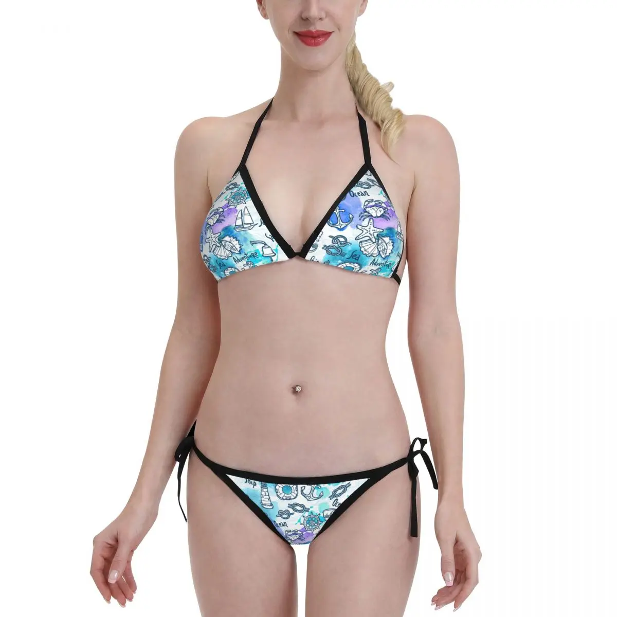 

New Sexy Bikini Cool Blue Nautical Pattern Swimsuits Female Push Up Bathing Suit Summer Beach Wear XXL