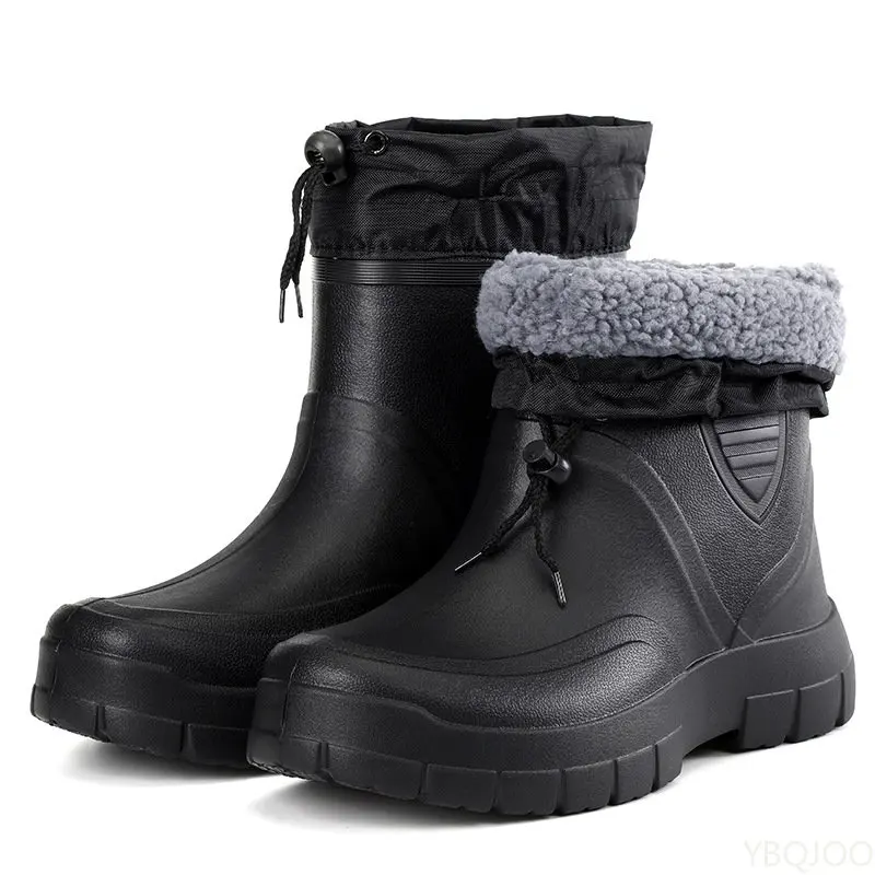 

2022 Winter Windproof Cotton Rain Boots Men Warm Light Ankle Rainboots Fashion Black Slip on Rain Shoes Men Waterproof Work Boot