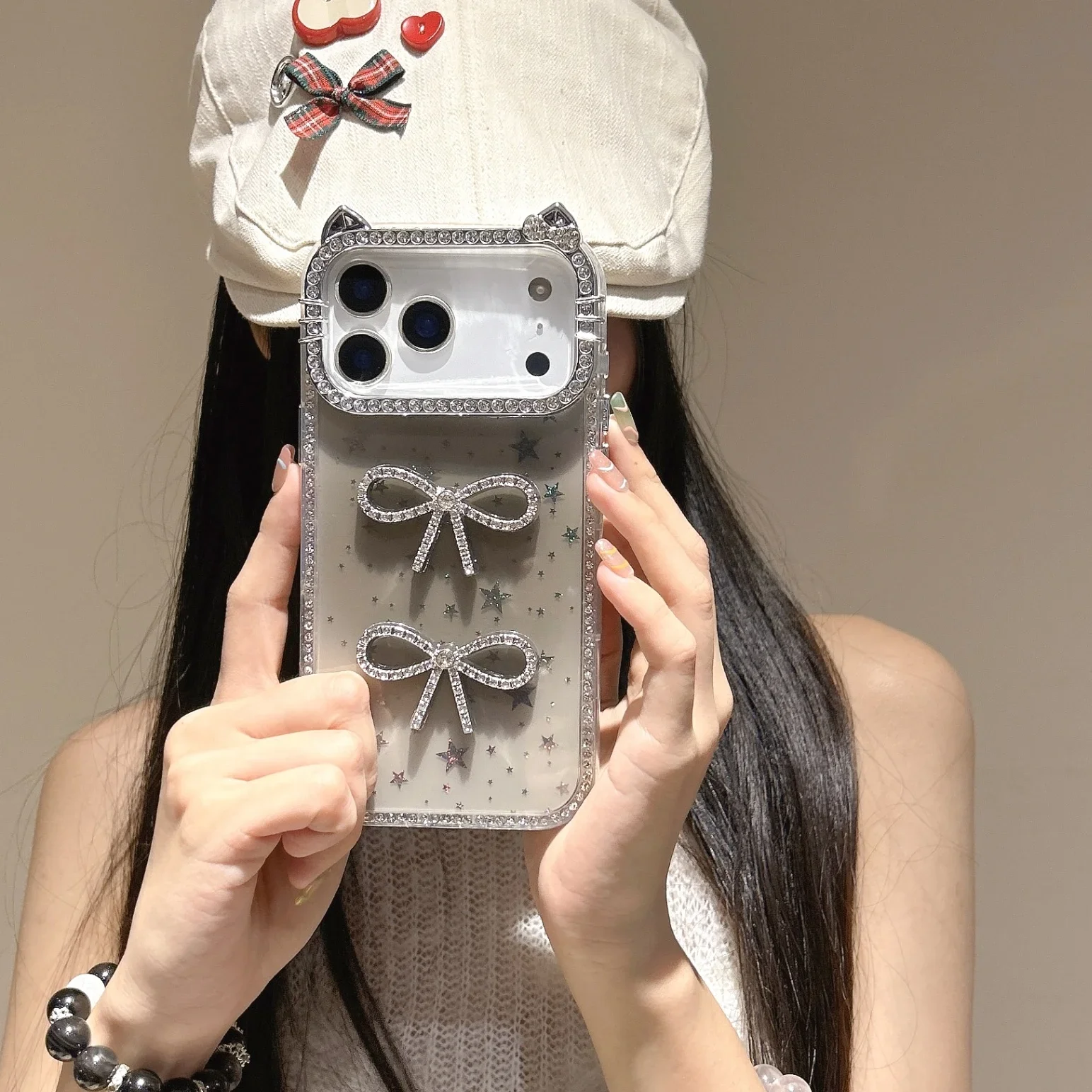 Cat Ears Epoxy Gypsy Flash Shiny Star Bow Phone Case with Diamonds